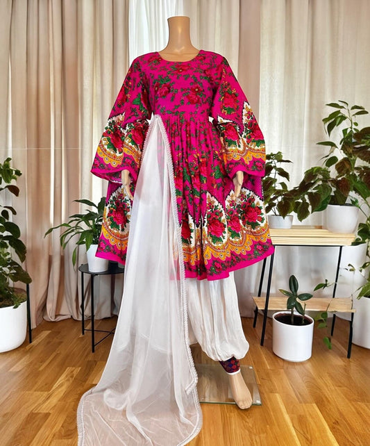 Pink Afghan Dress with Circular Skirt and Green Gach Shawl