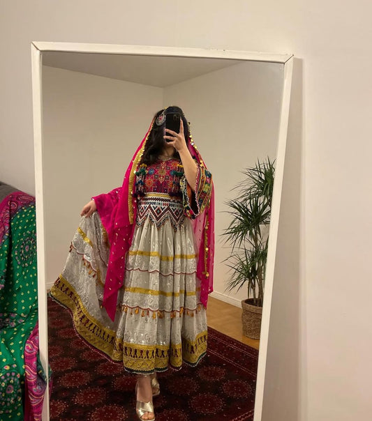 Afghan White & Pink Traditional Dress